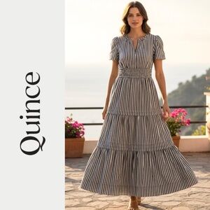 QUINCE 100% Organic Cotton Poplin Tiered Maxi
Dress Pockets Coastal XS